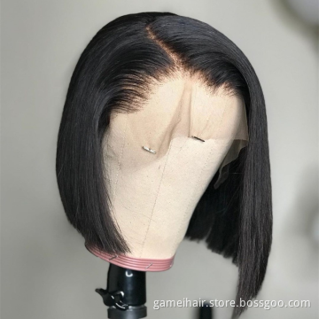 2021 wholesale high quality black natural 100% virgin natural brazilian Short Bob transparent Closure Lace Wig human hair wigs